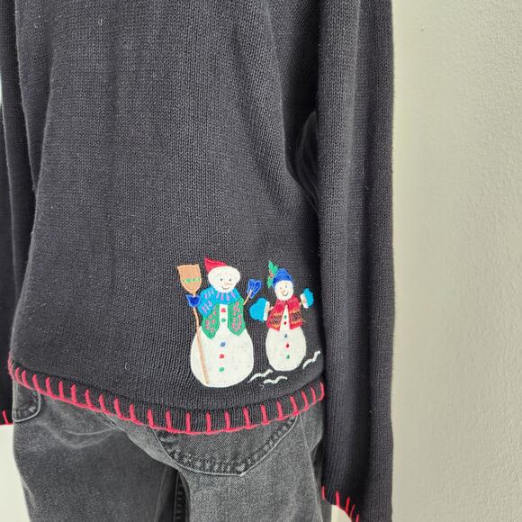 Vintage 90s Basic Editions Holiday Black Snowflake Christmas Sweater Cardigan M - Picture 9 of 10